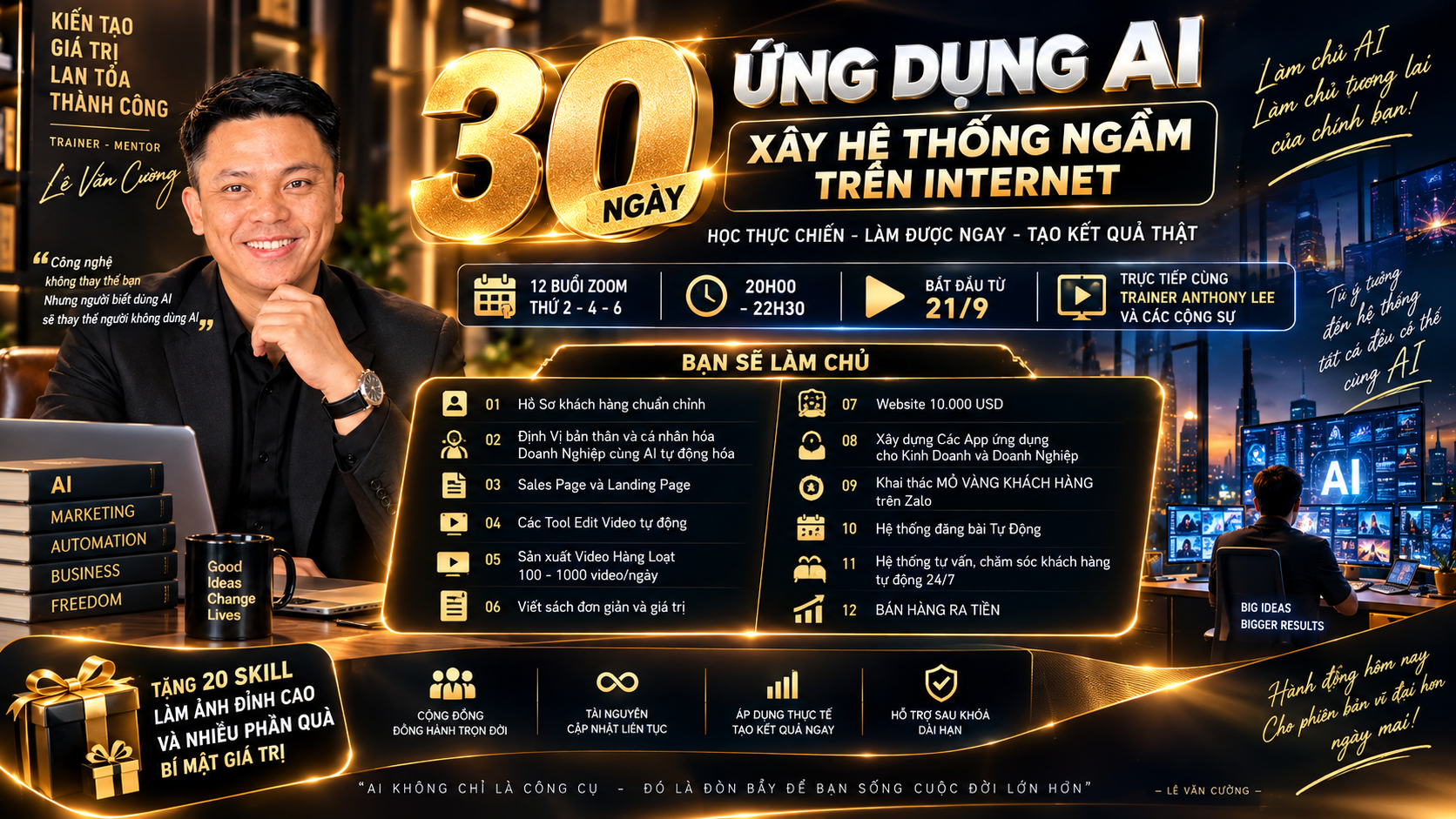 Poster chương trình 30 Ngày Ứng Dụng AI - Xây Hệ Thống Ngầm Trên Internet, cùng Trainer Lê Văn Cương